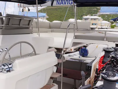 Cockpit of No Shoes_X, a Fountaine Pajot Tanna 47 catamaran at Road Town, British Virgin Islands