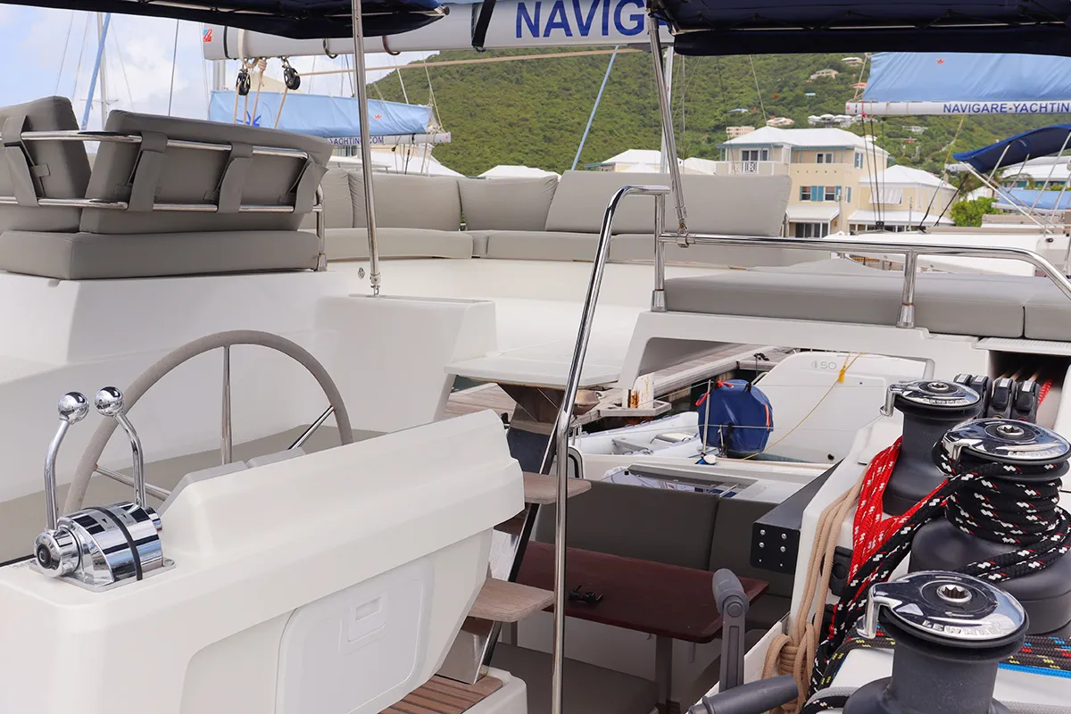 Cockpit of No Shoes_X, a Fountaine Pajot Tanna 47 catamaran at Road Town, British Virgin Islands