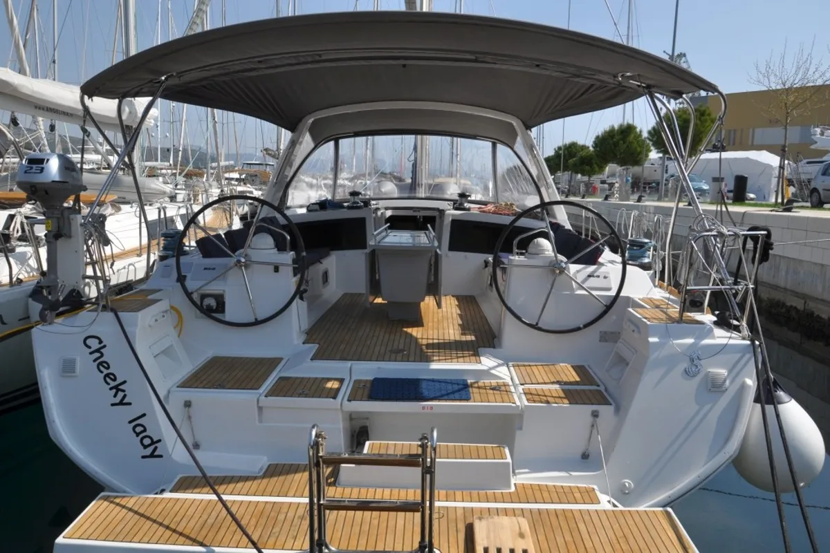 Cockpit of Cheeky Lady, a Beneteau Oceanis 48 sailboat at Punat, Croatia