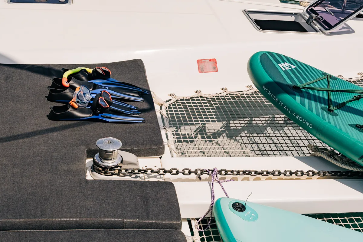 Deck of PNOE, a Lagoon 42 catamaran at Municipality of Kalamata, Greece