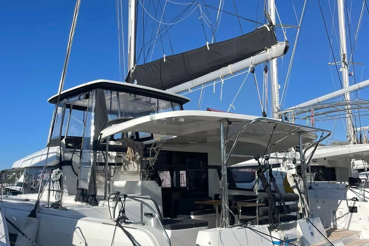 Exterior view of PNOE, a Lagoon 42 catamaran at Municipality of Kalamata, Greece