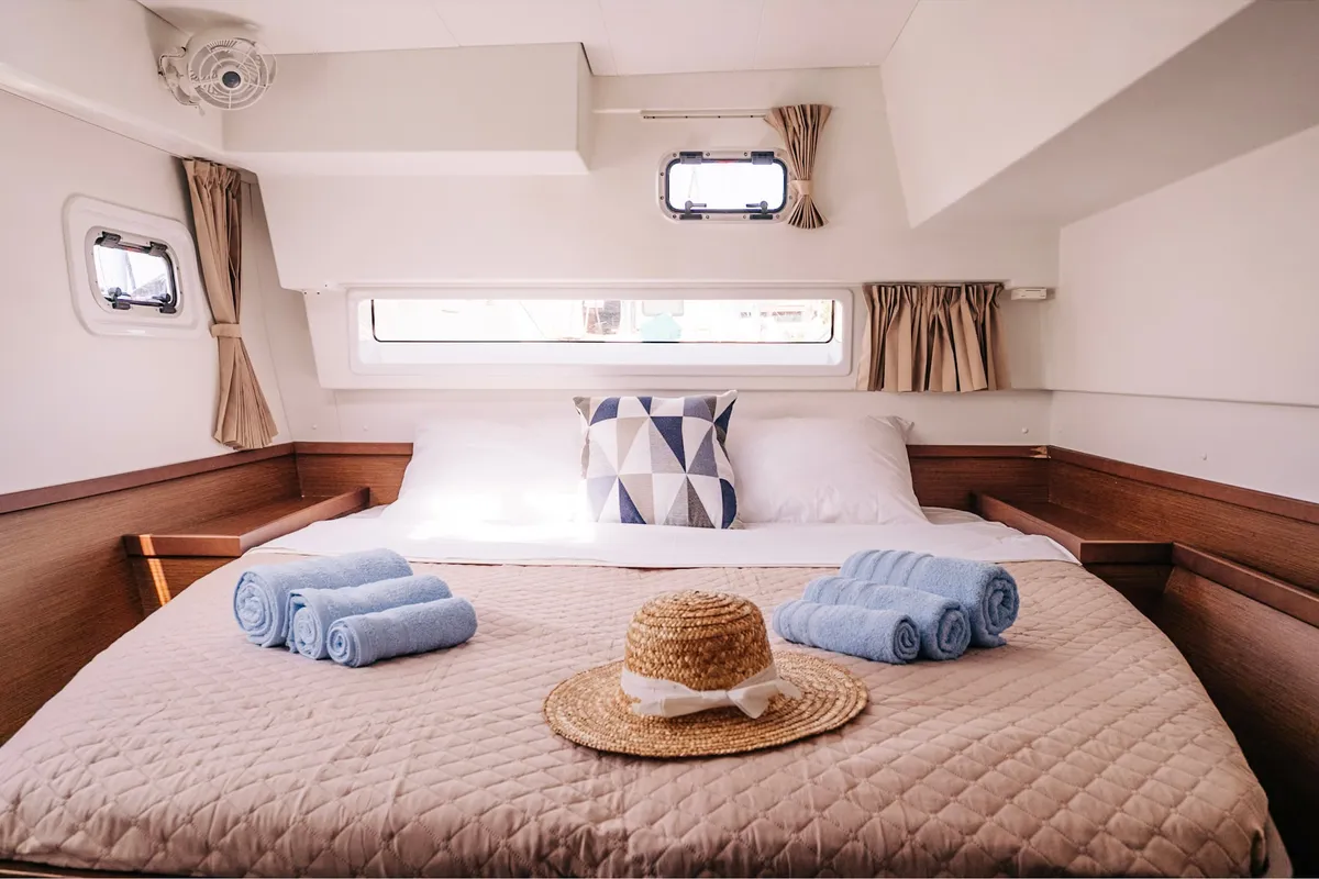 Cabin on PNOE, a Lagoon 42 catamaran at Municipality of Kalamata, Greece