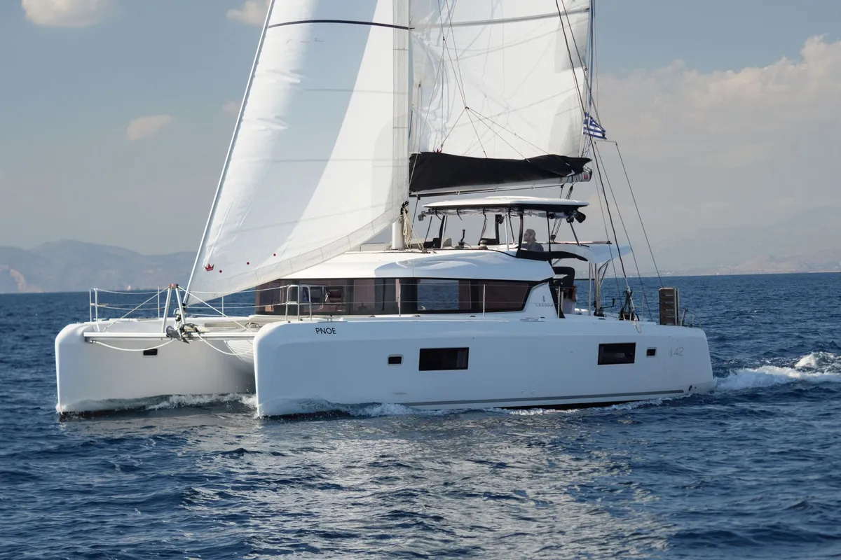 Exterior view of PNOE, a Lagoon 42 catamaran at Municipality of Kalamata, Greece