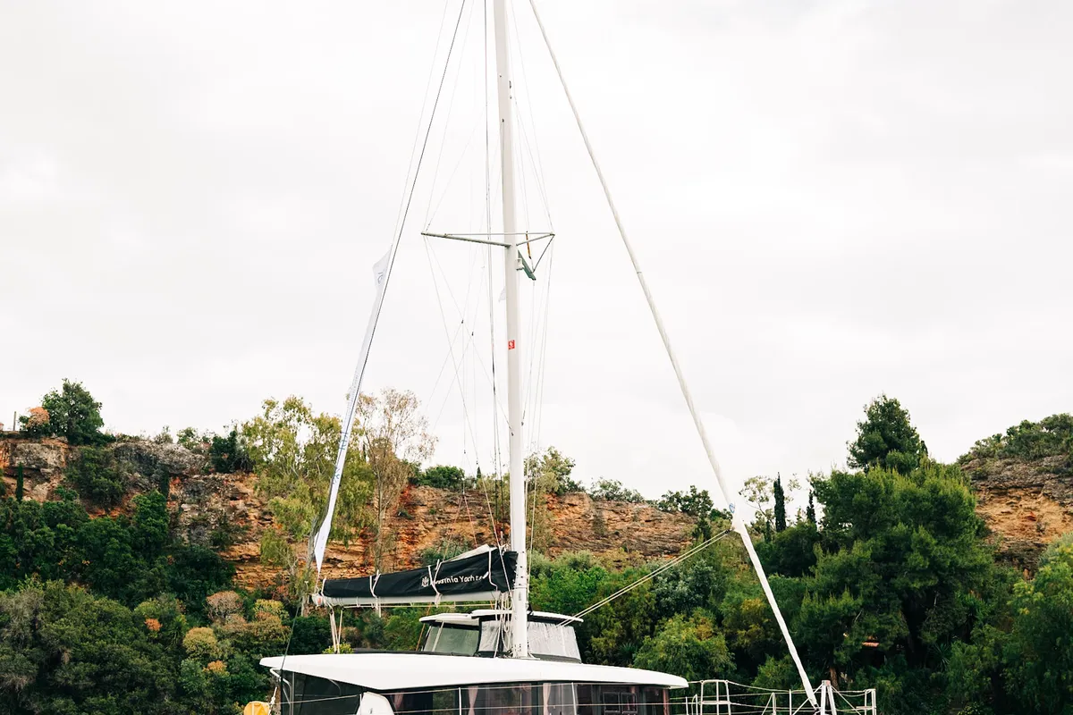 Exterior view of PNOE, a Lagoon 42 catamaran at Municipality of Kalamata, Greece