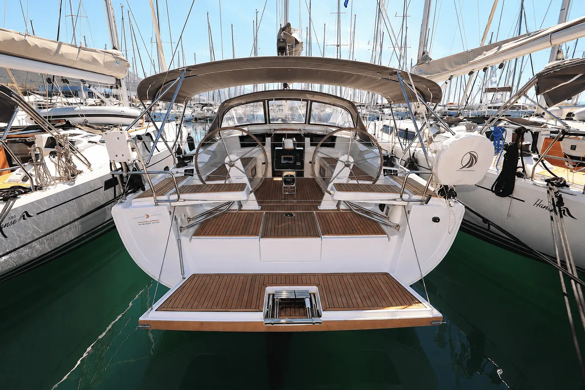 Exterior view of Jolana, a Hanse 388 sailboat at Dubrovnik, Croatia