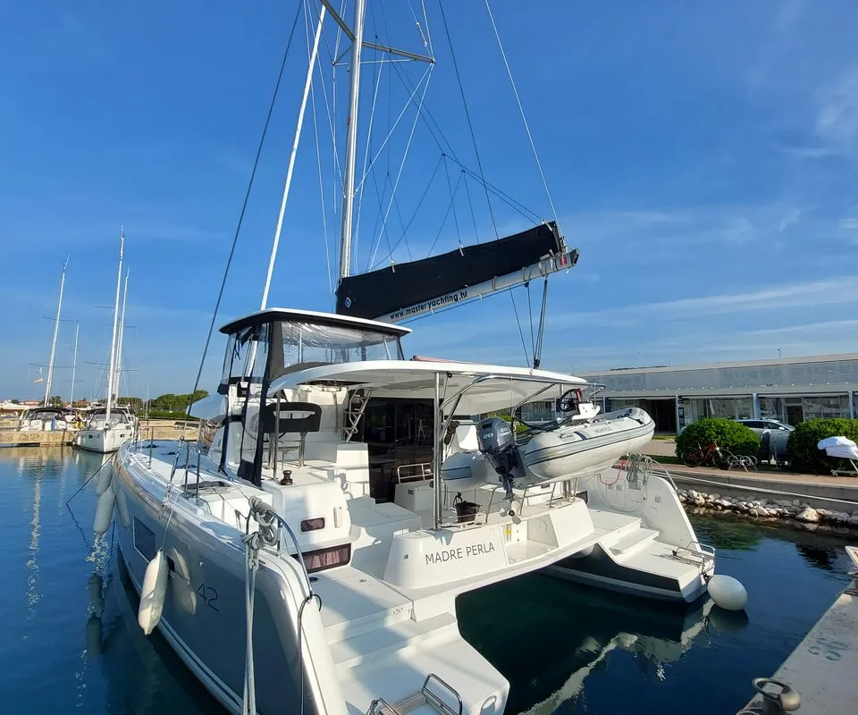 Exterior view of Madre Perla, a Lagoon 42 catamaran at Sukošan, Croatia