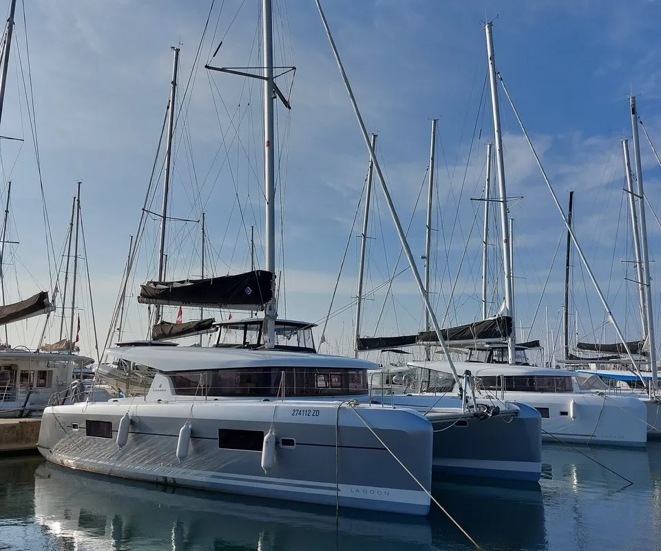 Exterior view of Madre Perla, a Lagoon 42 catamaran at Sukošan, Croatia