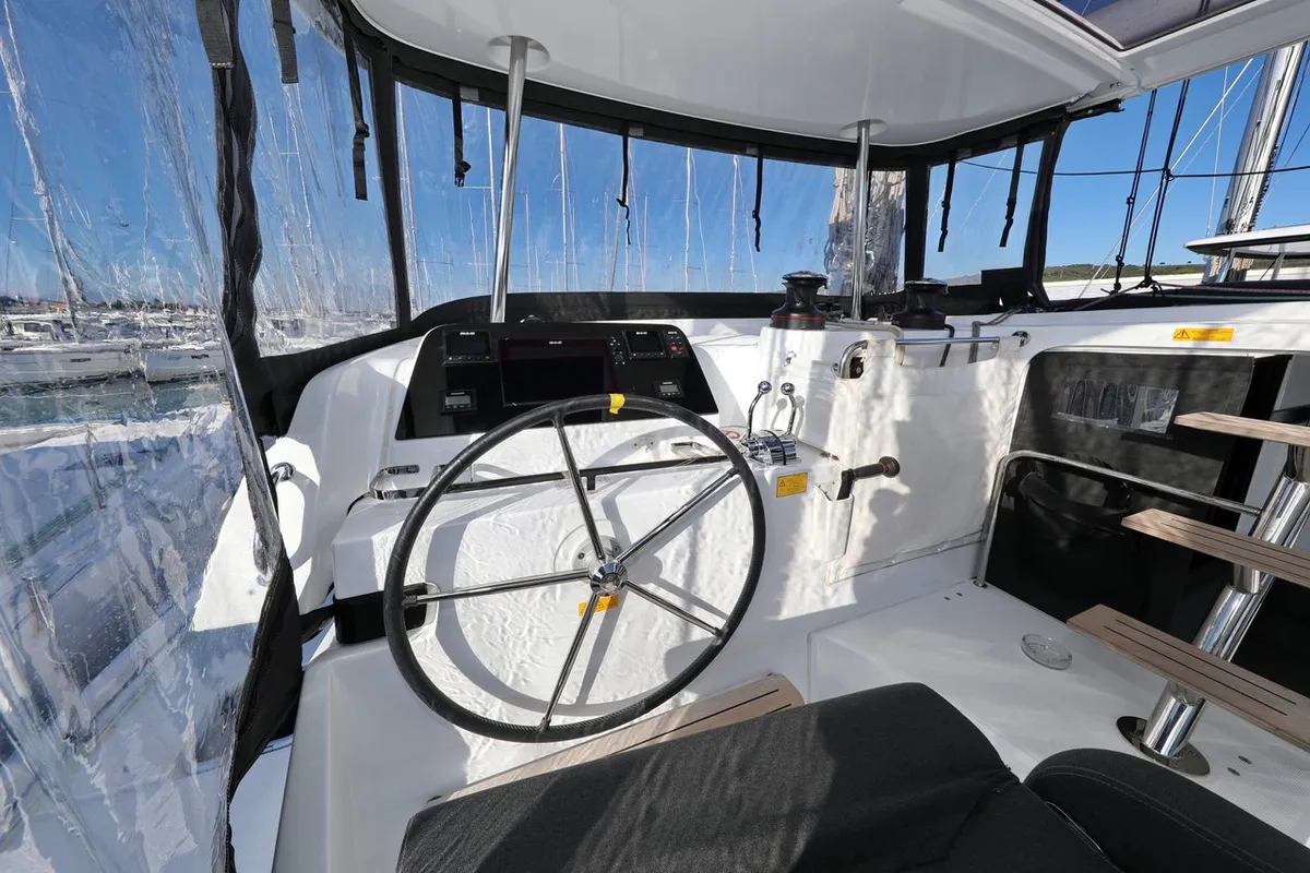 Cockpit of Madre Perla, a Lagoon 42 catamaran at Sukošan, Croatia