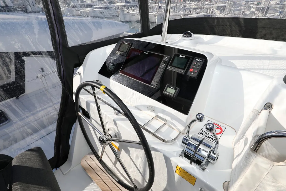 Cockpit of Madre Perla, a Lagoon 42 catamaran at Sukošan, Croatia