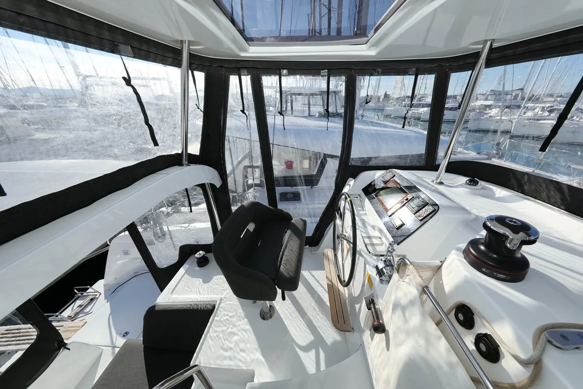 Cockpit of Madre Perla, a Lagoon 42 catamaran at Sukošan, Croatia