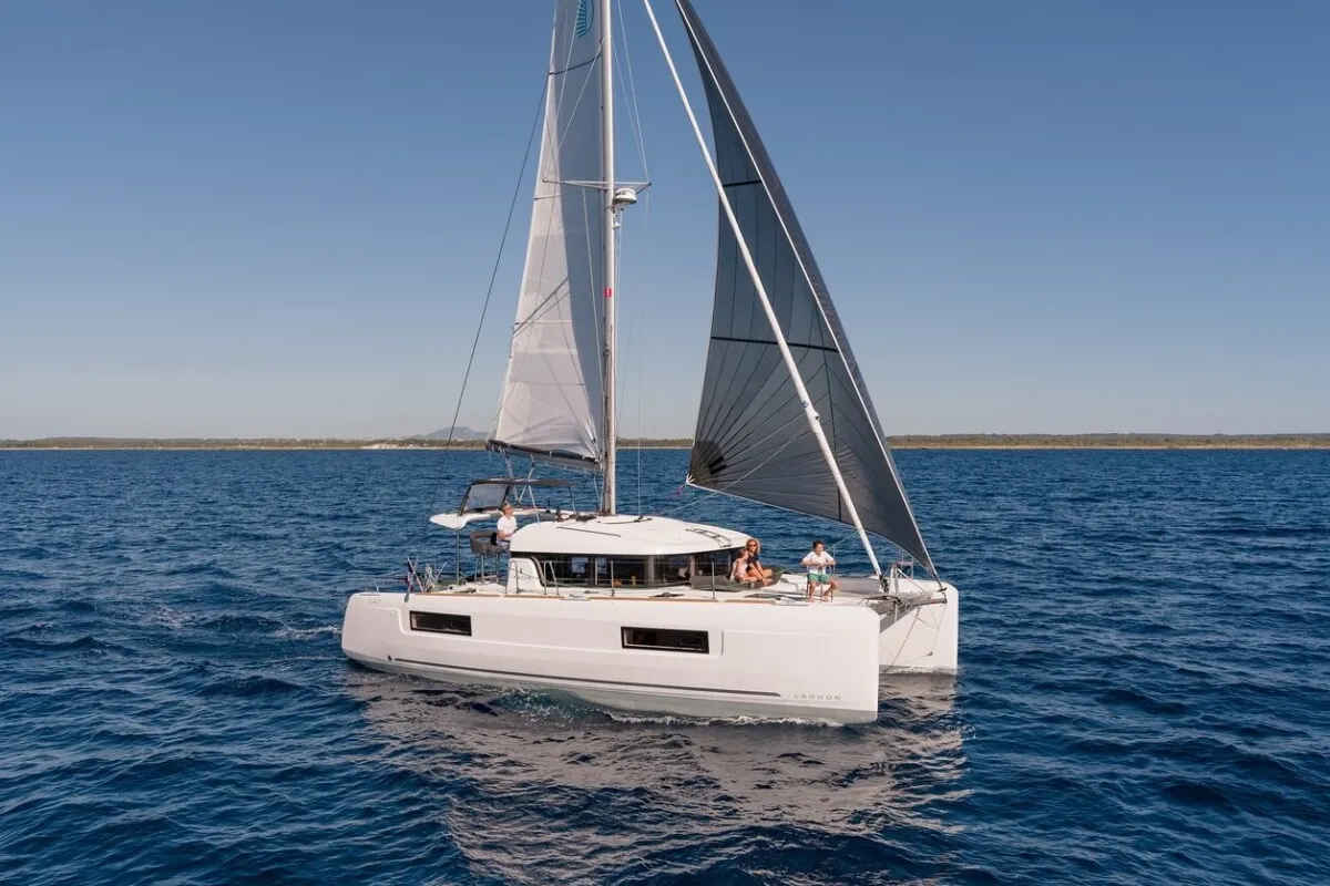 Exterior view of Sailor Moon, a Lagoon 40 catamaran at Dubrovnik, Croatia
