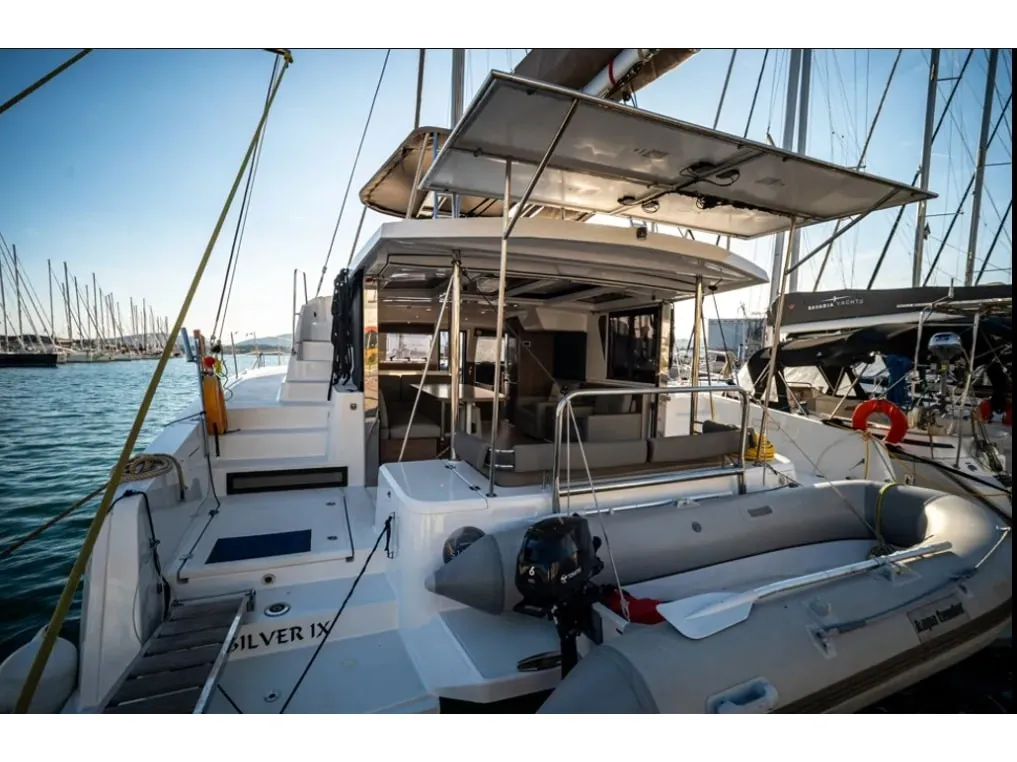 Deck of AF-B4.2, a Bali 4.2 catamaran at Volos, Greece