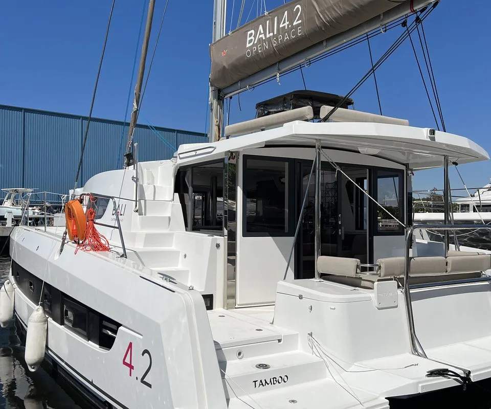 Exterior view of Tamboo, a Bali 4.2 catamaran at Central Abaco, Bahamas