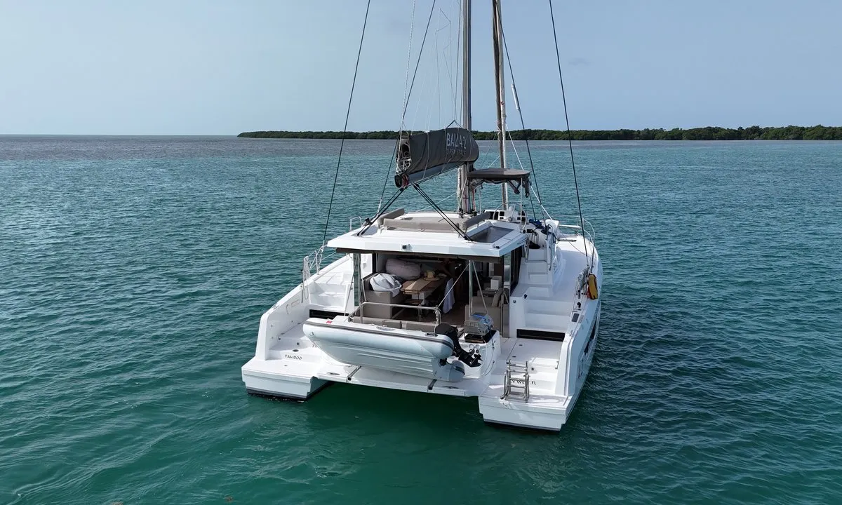 Exterior view of Tamboo, a Bali 4.2 catamaran at Central Abaco, Bahamas