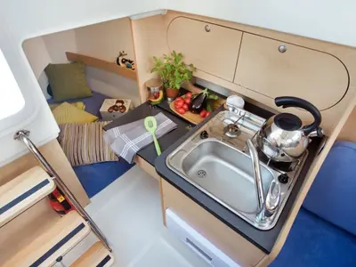 Galley of Gota 2, a Delphia Nano motorboat at Motala, Sweden