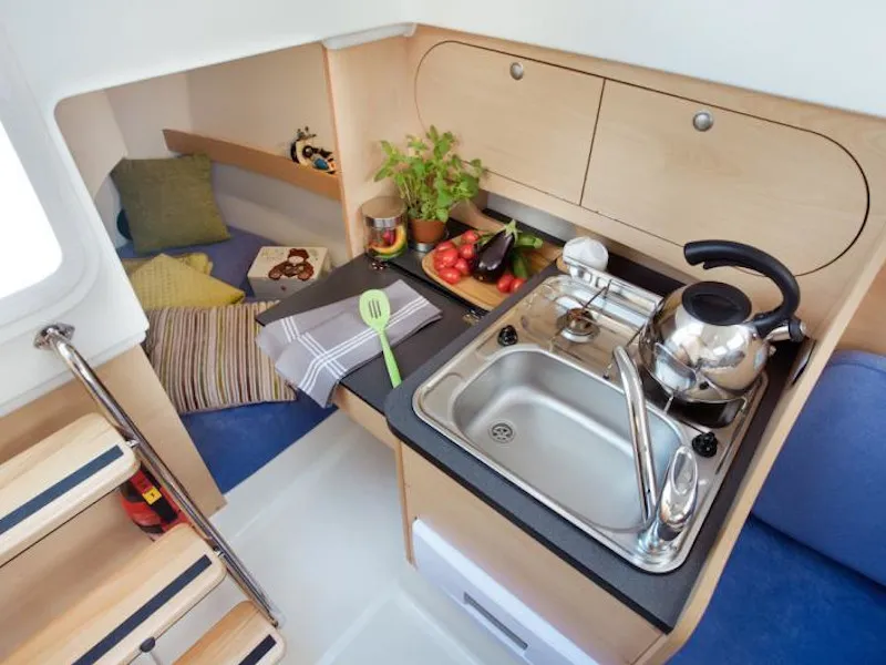 Galley of Gota 2, a Delphia Nano motorboat at Motala, Sweden