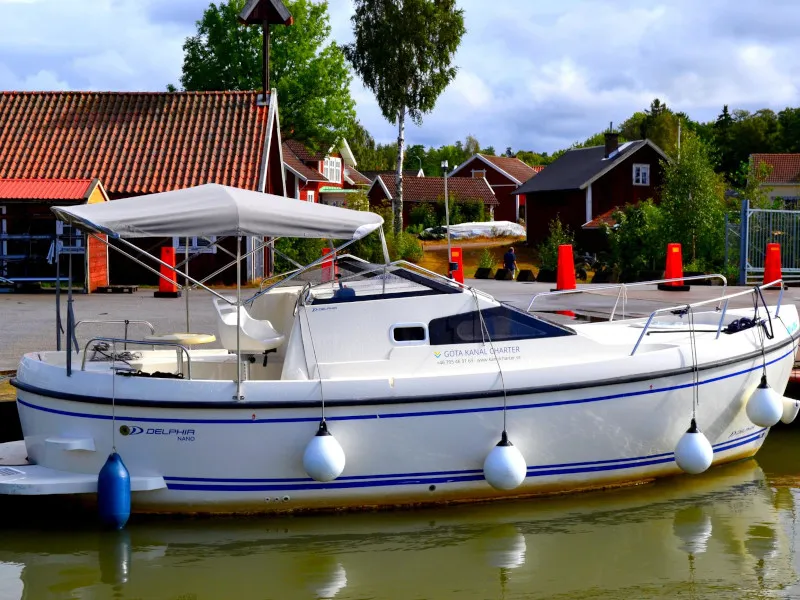 Exterior view of Gota 2, a Delphia Nano motorboat at Motala, Sweden