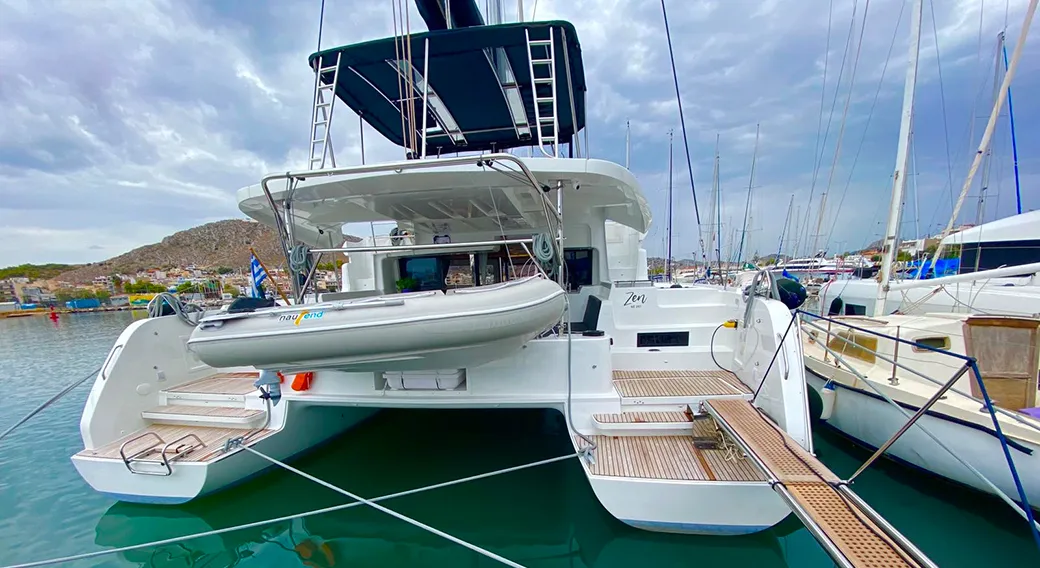 Exterior view of Zen - Green Wave, a Lagoon 46 catamaran at Athens, Greece