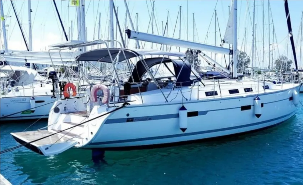 Exterior view of Bimba matta, a Bavaria 45 Cruiser sailboat at Piombino, Italy