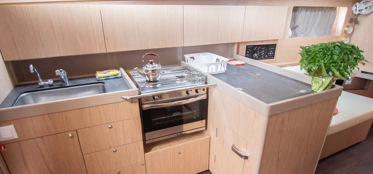 Galley of Aginor, a Beneteau Oceanis 41.1 sailboat at Municipal Unit of Nea Peramos, Greece