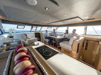 Salon of Big Joy, a Aquila 42 Yacht catamaran at Cannigione, Italy