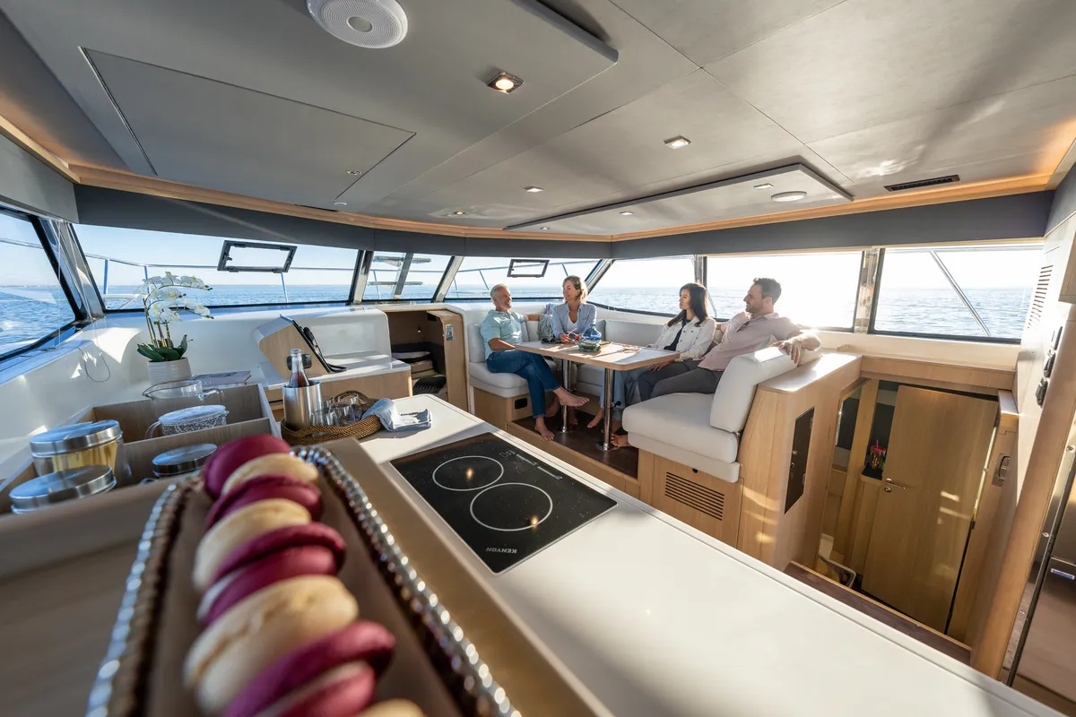 Salon of Big Joy, a Aquila 42 Yacht catamaran at Cannigione, Italy
