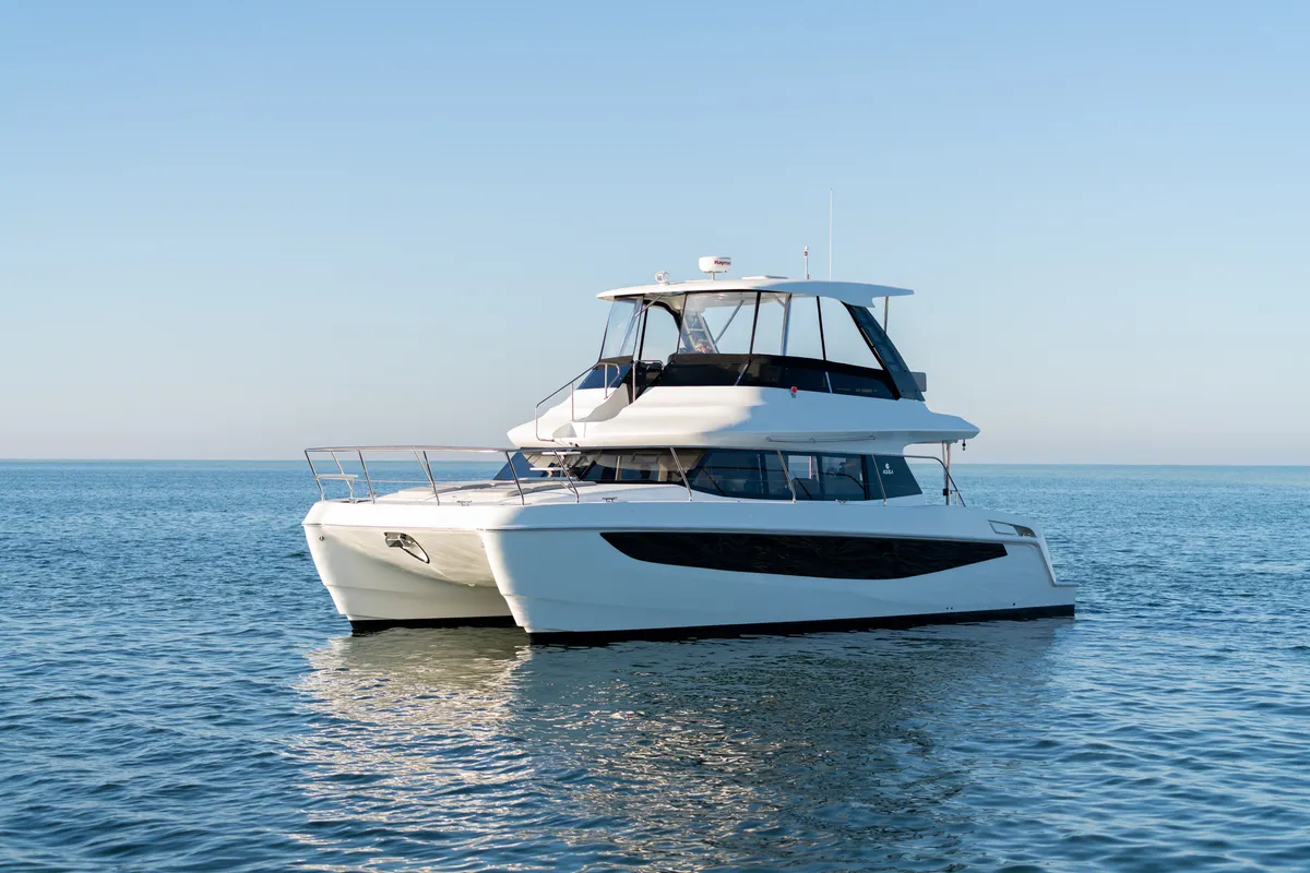 Exterior view of Big Joy, a Aquila 42 Yacht catamaran at Cannigione, Italy