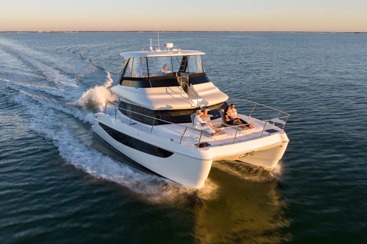 Exterior view of Big Joy, a Aquila 42 Yacht catamaran at Cannigione, Italy