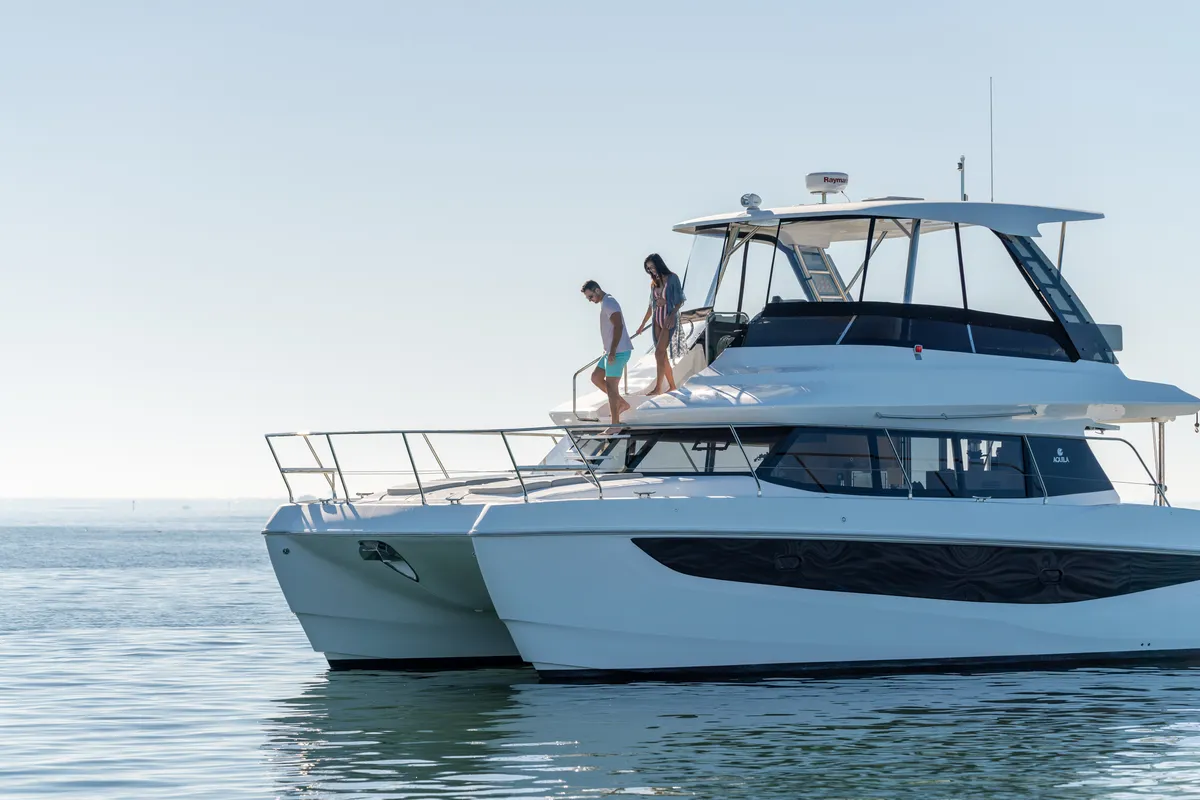 Exterior view of Big Joy, a Aquila 42 Yacht catamaran at Cannigione, Italy