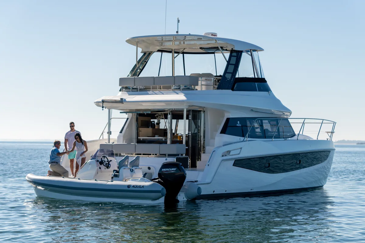 Exterior view of Big Joy, a Aquila 42 Yacht catamaran at Cannigione, Italy