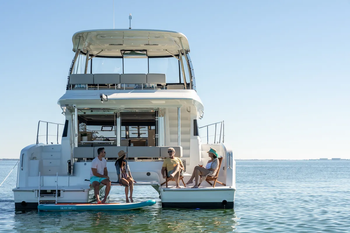 Exterior view of Big Joy, a Aquila 42 Yacht catamaran at Cannigione, Italy