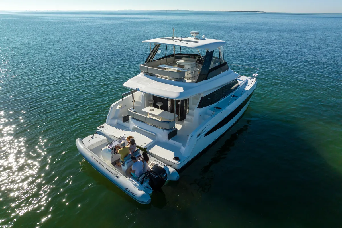 Exterior view of Big Joy, a Aquila 42 Yacht catamaran at Cannigione, Italy