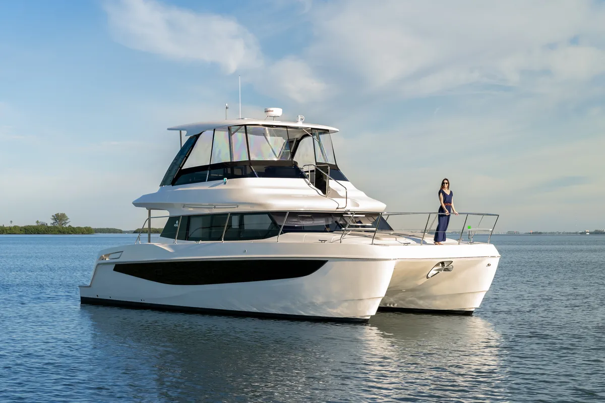 Exterior view of Big Joy, a Aquila 42 Yacht catamaran at Cannigione, Italy