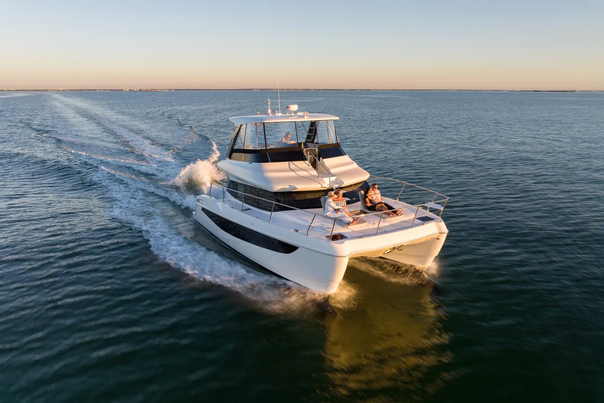 Exterior view of Big Joy, a Aquila 42 Yacht catamaran at Cannigione, Italy