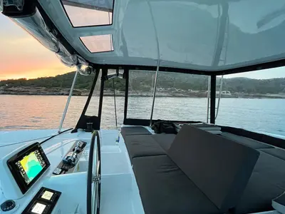 Cockpit of Keep, a Lagoon 46 catamaran at Sant Antoni de Portmany, Spain