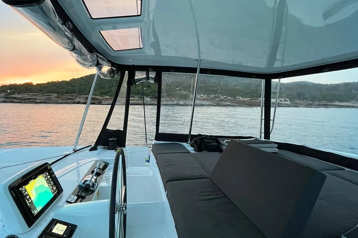 Cockpit of Keep, a Lagoon 46 catamaran at Sant Antoni de Portmany, Spain