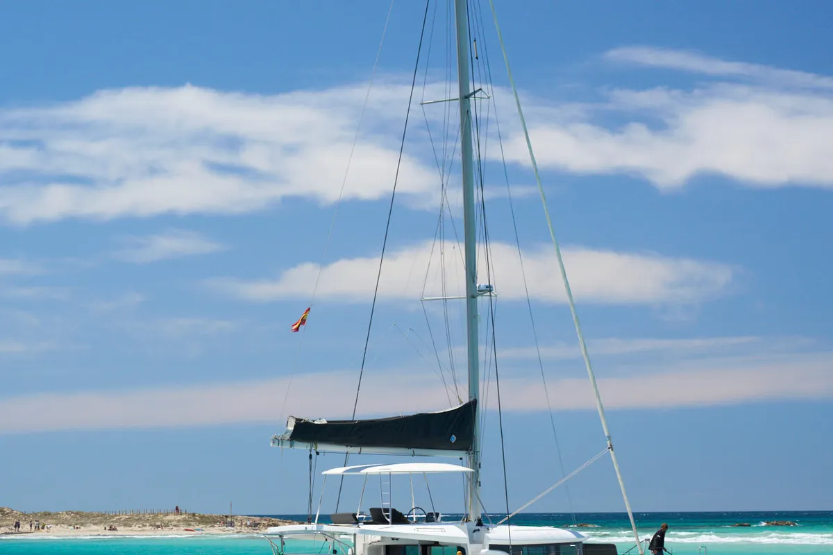 Exterior view of Keep, a Lagoon 46 catamaran at Sant Antoni de Portmany, Spain