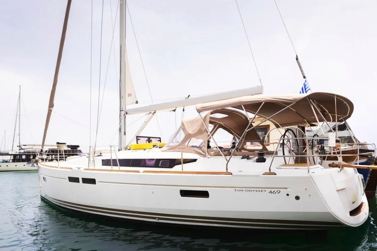 Exterior view of Lemon, a Jeanneau Sun Odyssey 469 sailboat at Preveza, Greece