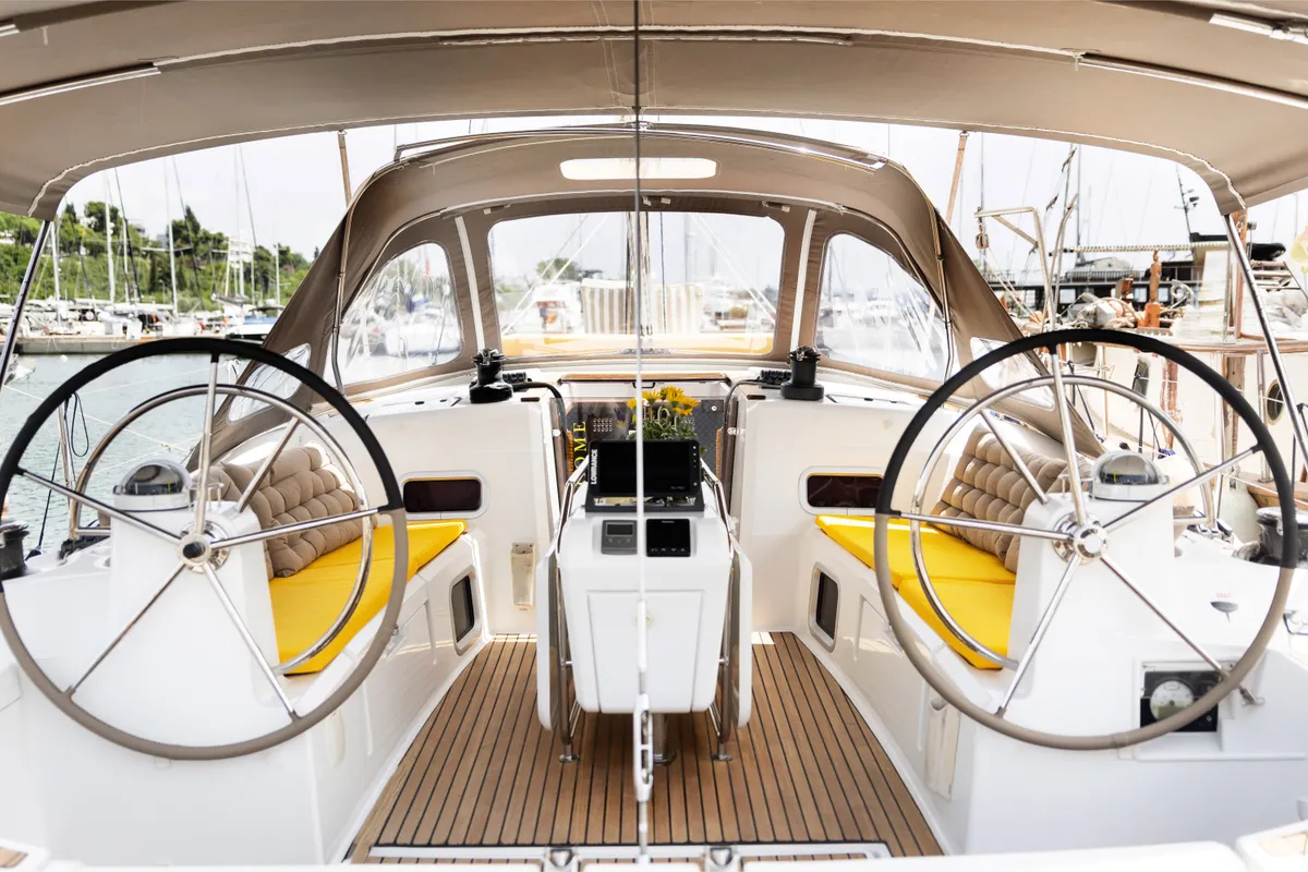 Cockpit of Lemon, a Jeanneau Sun Odyssey 469 sailboat at Preveza, Greece