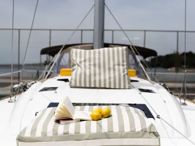 Deck of Lemon, a Jeanneau Sun Odyssey 469 sailboat at Preveza, Greece