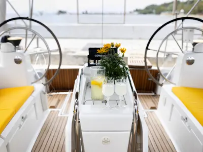 Cockpit of Lemon, a Jeanneau Sun Odyssey 469 sailboat at Preveza, Greece