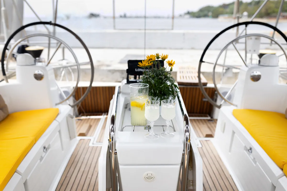 Cockpit of Lemon, a Jeanneau Sun Odyssey 469 sailboat at Preveza, Greece