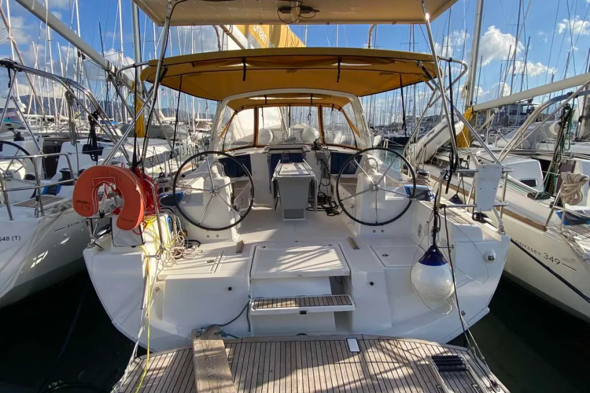 Cockpit of IKARIA, a Beneteau Oceanis 41.1 sailboat at Nea Peramos, Greece
