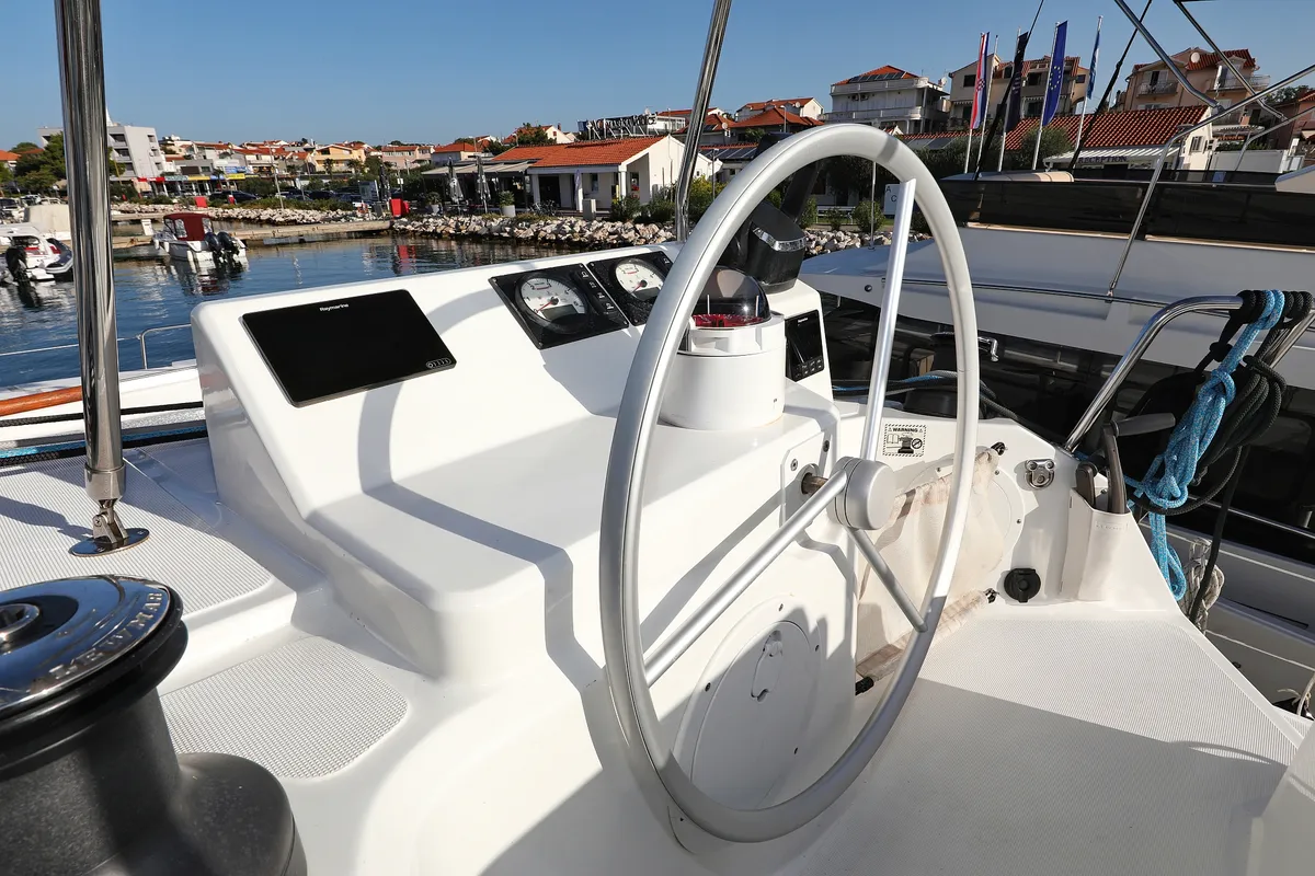 Cockpit of Gonggong, a Bali Catspace catamaran at Grad Trogir, Croatia