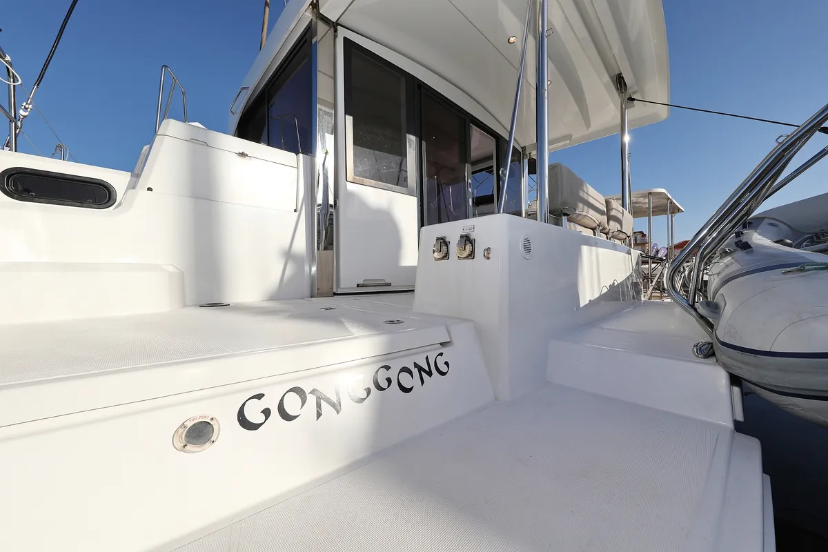Exterior view of Gonggong, a Bali Catspace catamaran at Grad Trogir, Croatia