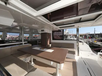 Salon of Gonggong, a Bali Catspace catamaran at Grad Trogir, Croatia