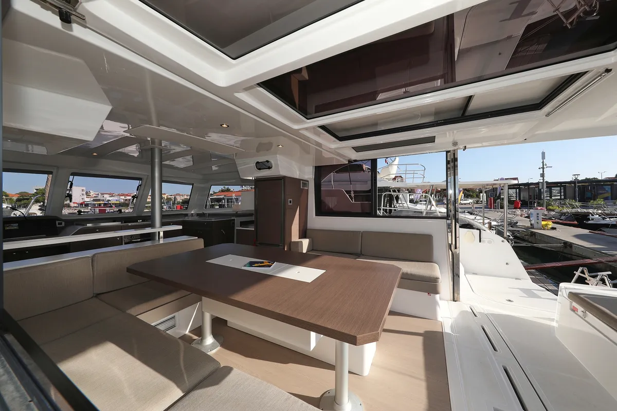 Salon of Gonggong, a Bali Catspace catamaran at Grad Trogir, Croatia