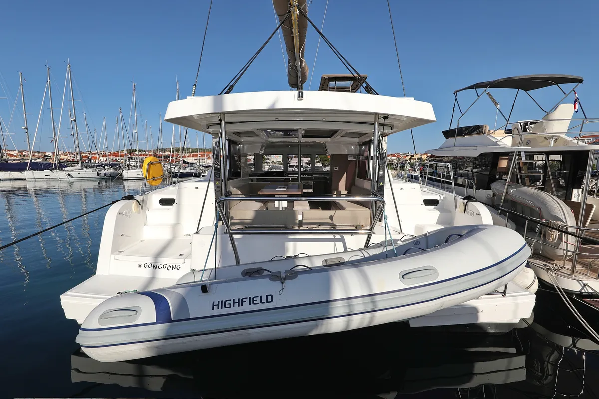 Exterior view of Gonggong, a Bali Catspace catamaran at Grad Trogir, Croatia