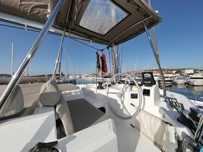Cockpit of Gonggong, a Bali Catspace catamaran at Grad Trogir, Croatia