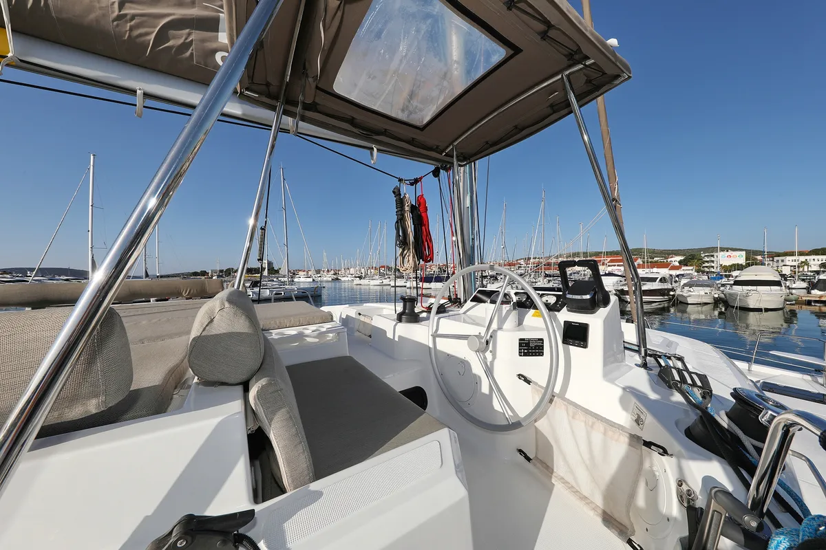 Cockpit of Gonggong, a Bali Catspace catamaran at Grad Trogir, Croatia